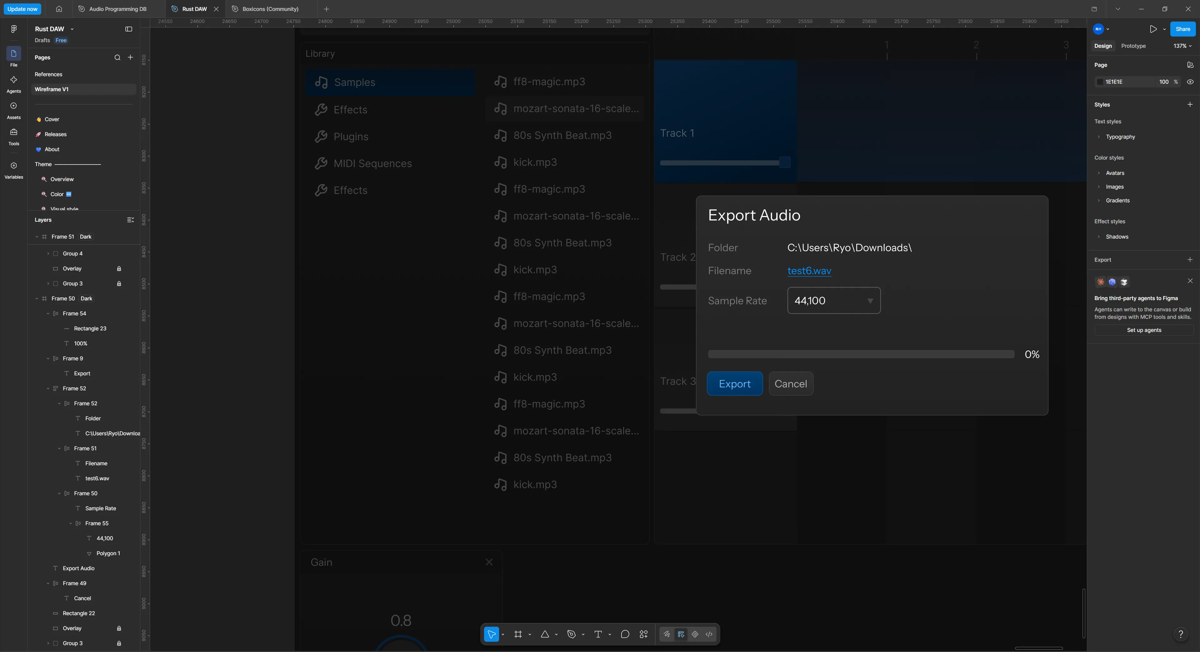 The initial Figma sketch of the feature, which is a popup modal labeled “Export Audio” with various options for user like filee location, a progress bar, and confirm and cancel buttons.