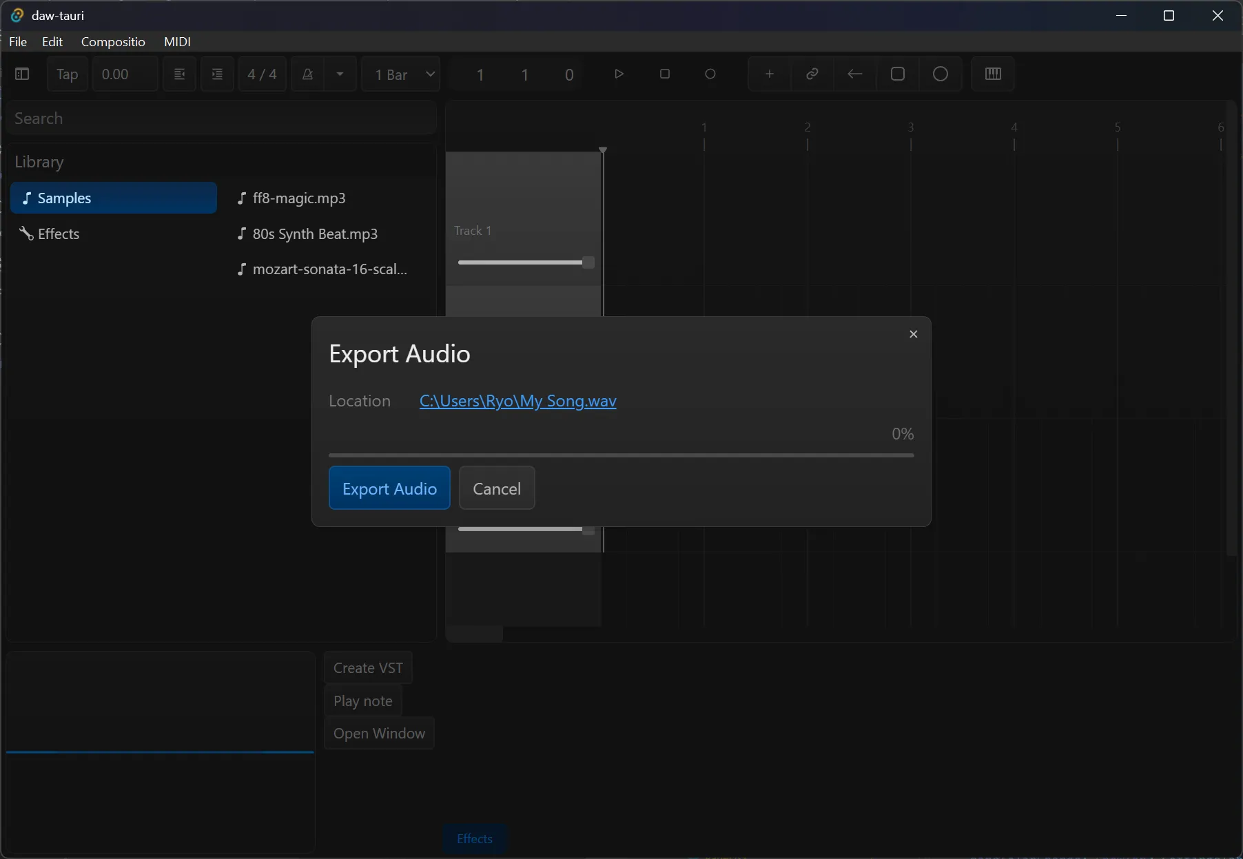 The Rust DAW app with an Export Audio popup.