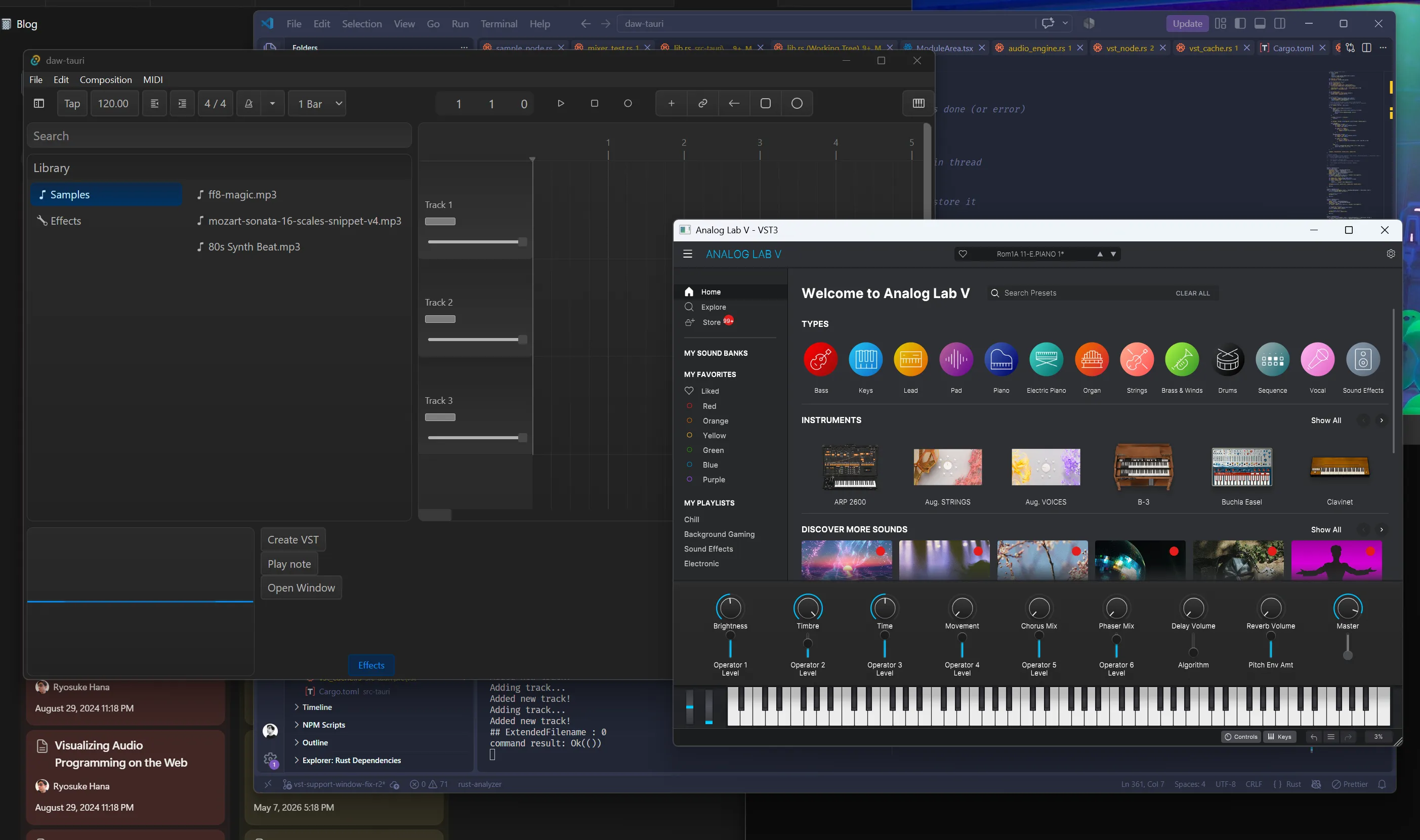 The Analog Lab V plugin window open alongside the Tauri DAW.