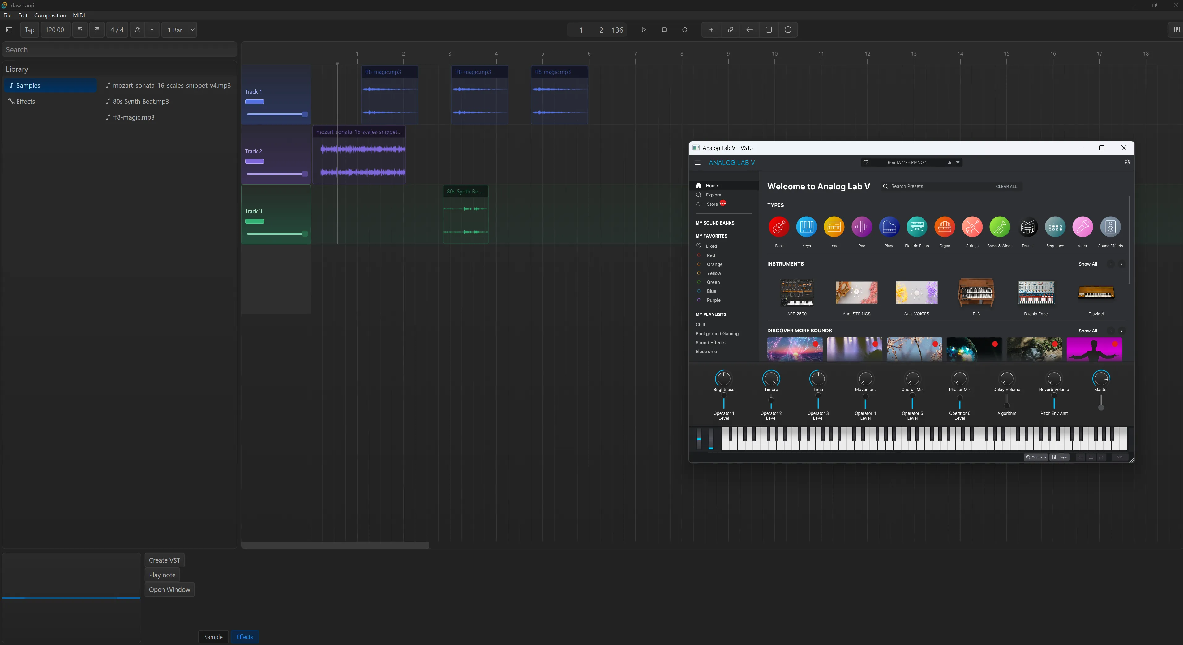 The Analog Lab V plugin window open above the Tauri DAW app which has a few audio clips in 3 different colored timelines.
