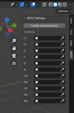 Cropped screenshot of the Blender 3D Viewport with the side MIDI menu expanded to reveal a panel with each piano key listed and a object selection input next to each. 