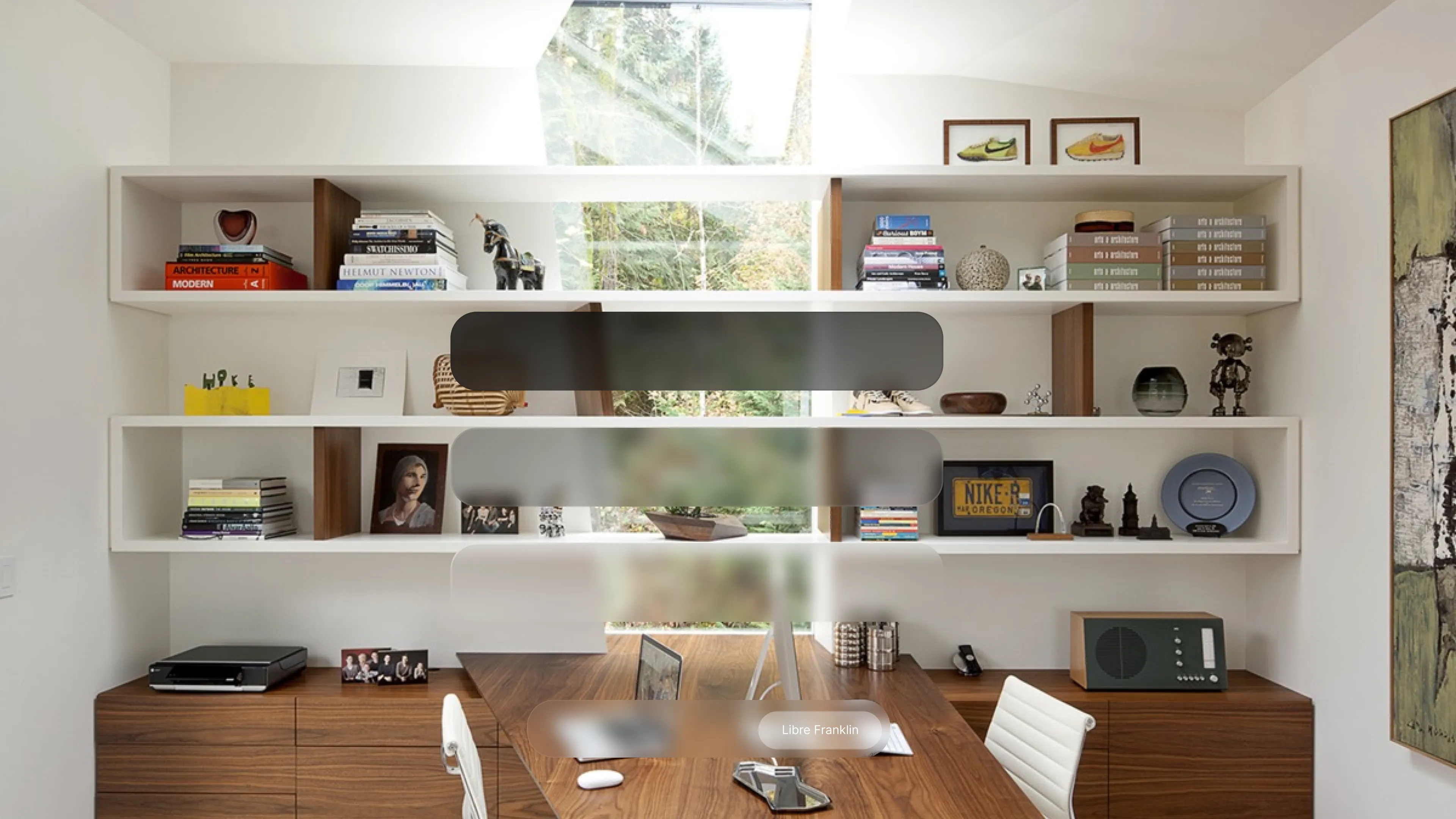 My preliminary glass exploration with different shades and treatments of glass UI containers on top of an image of a real office space.