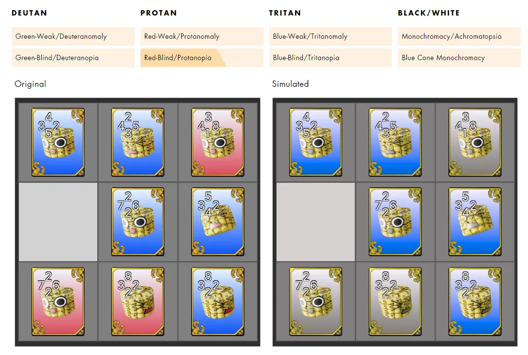 A comparison of the game board with red and blue background cards with a red-blind filter applied.