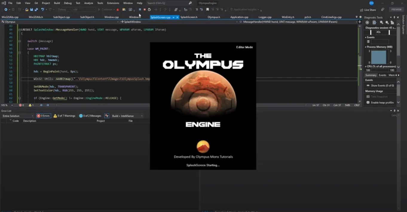 A screenshot from the 5th episode of the Olympus Mons Tutorials DirectX 12 series showing a Visual Studio IDE in the background and a small window showing the game engine splash screen with the text “The Olympus Engine” and a logo centered.