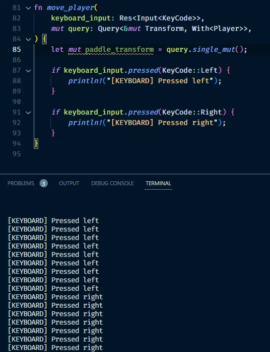 Screenshot of VSCode with the keyboard input code from above in the top of half of the window, and a shell window in bottom displaying Rust log output. The Rust output shows a list of left and right commands.