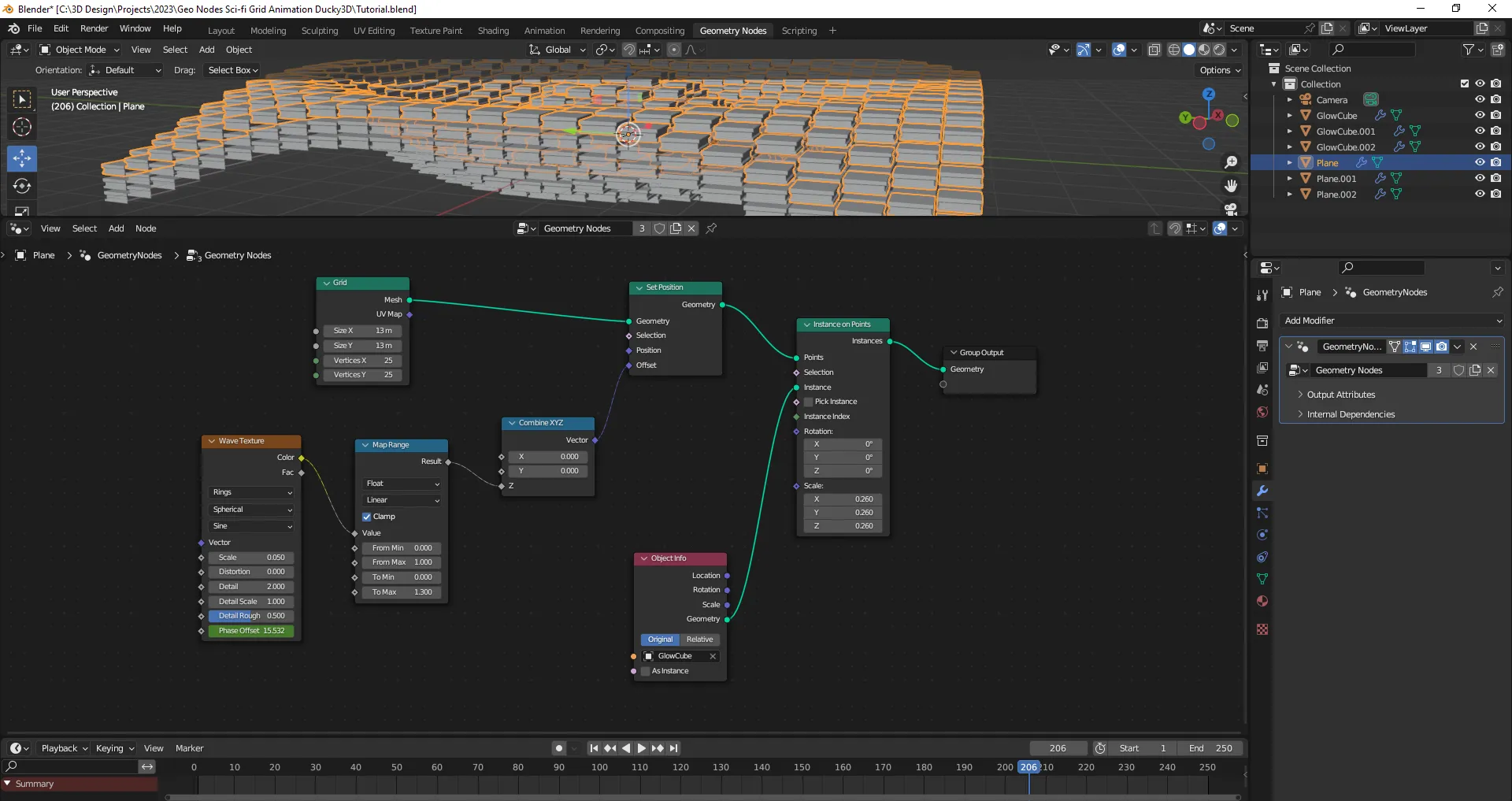 Example of a Geometry Node generating a 3D grid of boxes positioned in a wave-like pattern.