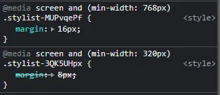 Screenshot of the Chrome DevTools CSS tab showing the two CSS classes applied to a component, both are margin properties wrapped in different media queries for 320 and 768 pixel width viewports.