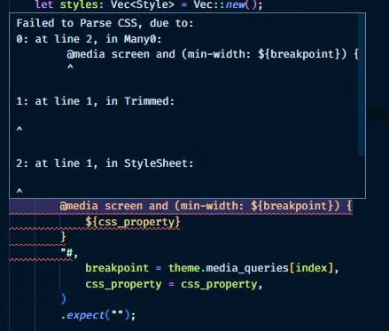 Screenshot of a tooltip in VSCode showing an error parsing CSS from the Stylist RS library.