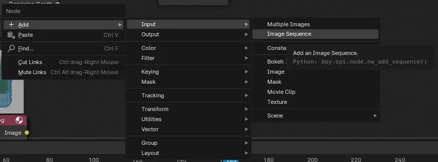 The popup menu in the node graph showing the Image Sequence option