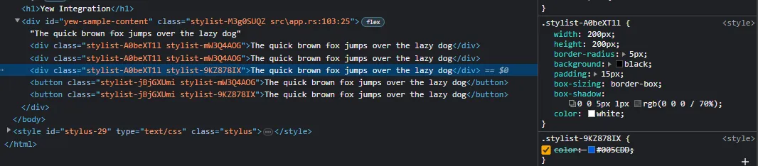 Screenshot of the Chrome DevTools showing rendered HTML and the CSS sidebar. One of the div elements is selected and the CSS styles are displayed. The second class is being overriden by the first.