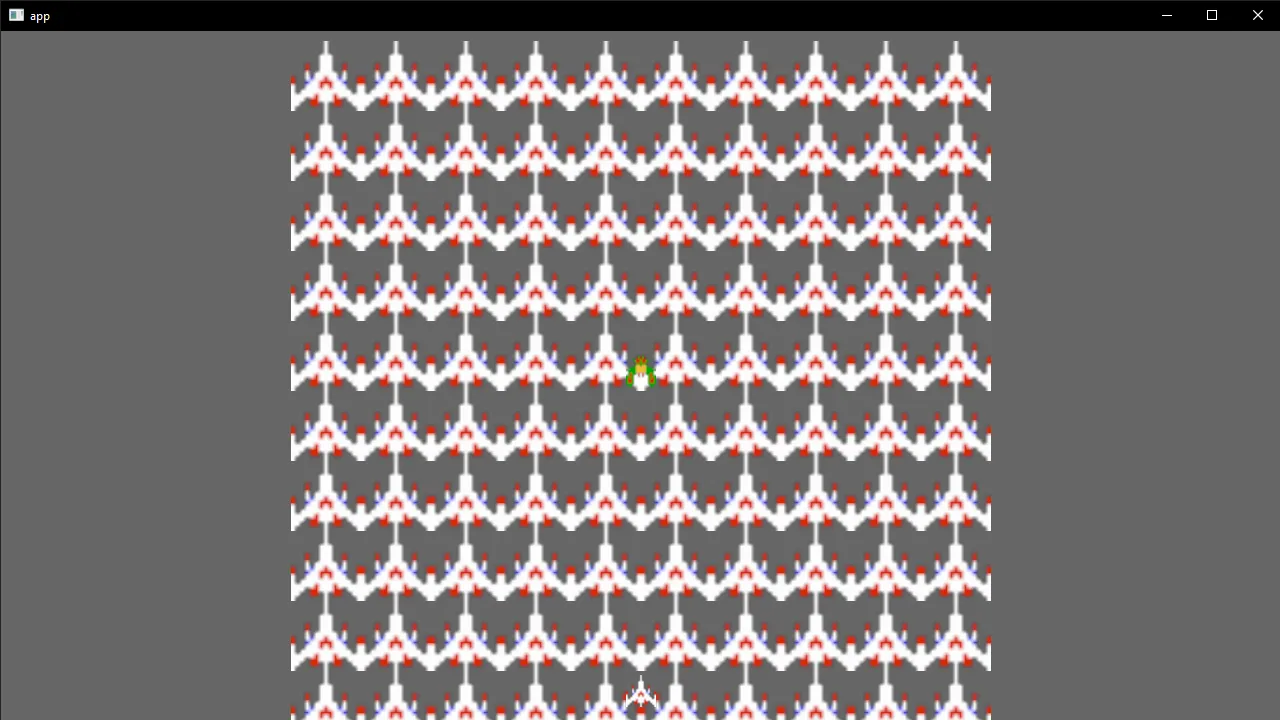 A native Rust app using Bevy to render a 10 by 10 tiled background of Galaga spaceships.