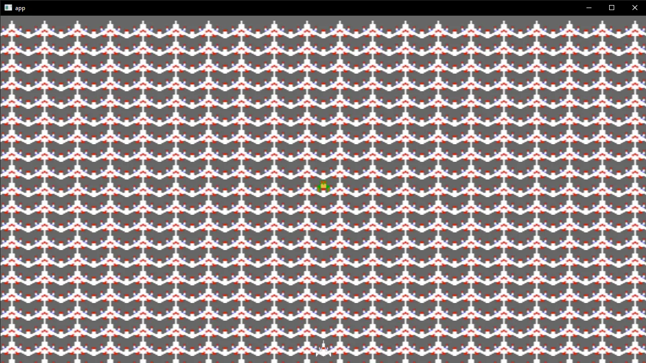 A native Rust app using Bevy to render a fullscreen tiled (yet stretched and warped) background of Galaga spaceships.