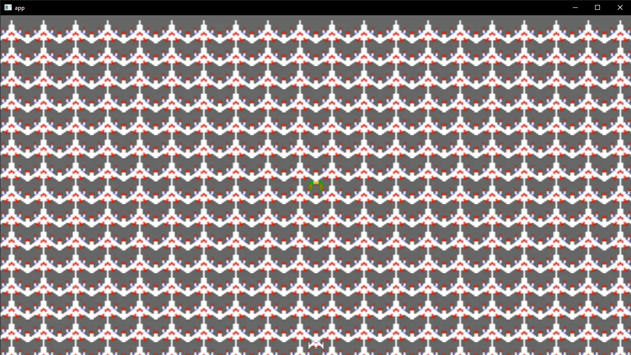 A native Rust app using Bevy to render a fullscreen tiled background of Galaga spaceships.
