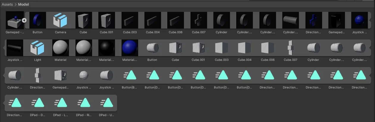 A screenshot of the Unity asset library window showing a 3D model, each mesh and material inside it, and animation clips defining different movements. In this case, it’s a 3D model of a gamepad, and each animation is a different button press.