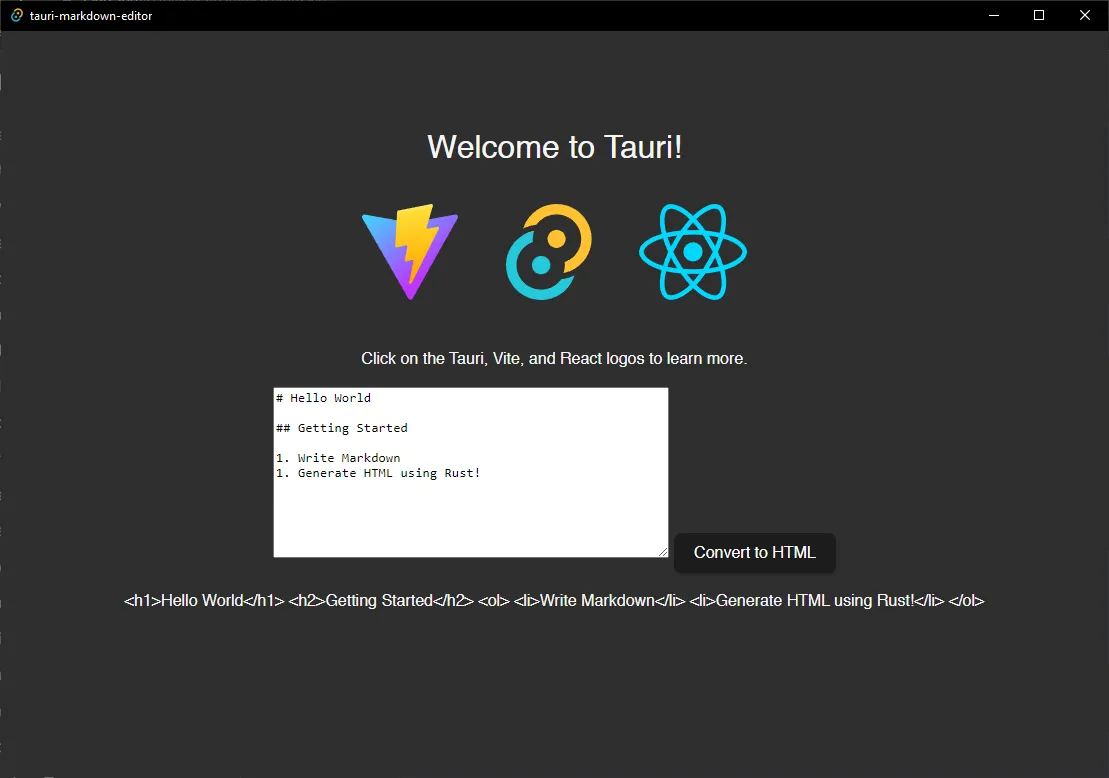 A screenshot of the final Markdown editing app we'll be making using Tauri and React