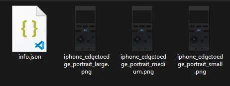 The Windows file explorer with 4 files visible, an info.json  and 3 PNGs labeled large, small, and medium.
