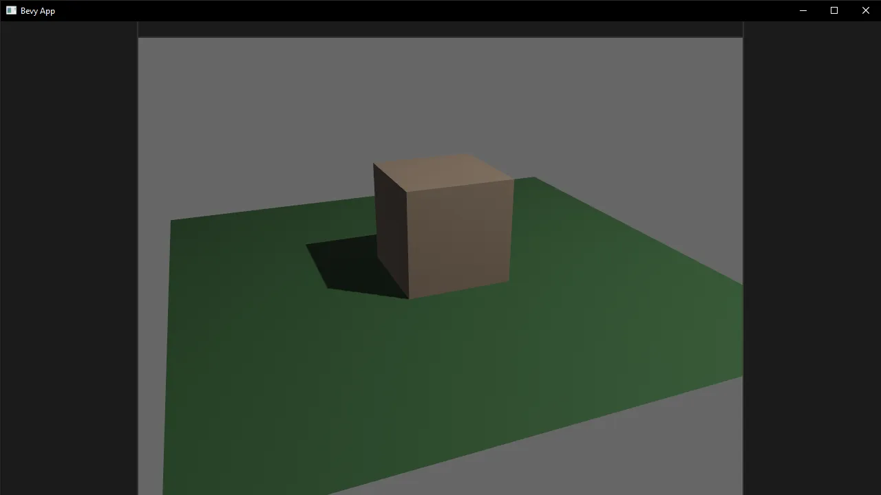 A screenshot of a native Bevy and egui app rendering a UI that resembles a game engine IDE with left and right sidebar panels and a top menu bar. the center of the window is rendering a 3D scene with a brown cube centered with a green sin wave modified plane underneath.