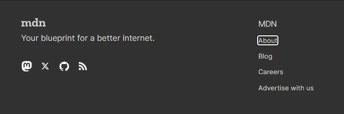 The MDN web page footer with the About link element focused using tab based navigation. Focus appears as a solid white rounded outline in the Chrome browser.