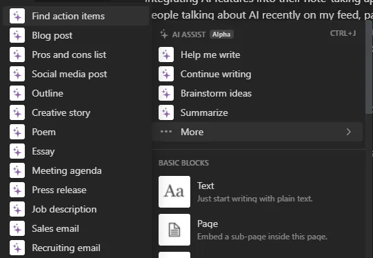Screenshot of the Notion AI commands menu