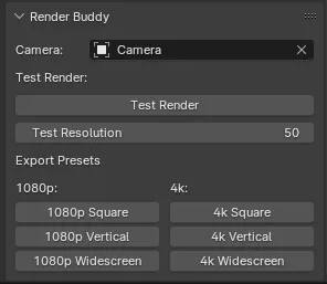 Screenshot of the panel the Blender plugin creates with a camera selector, test render button, and a 3 by 3 grid of export size presets.