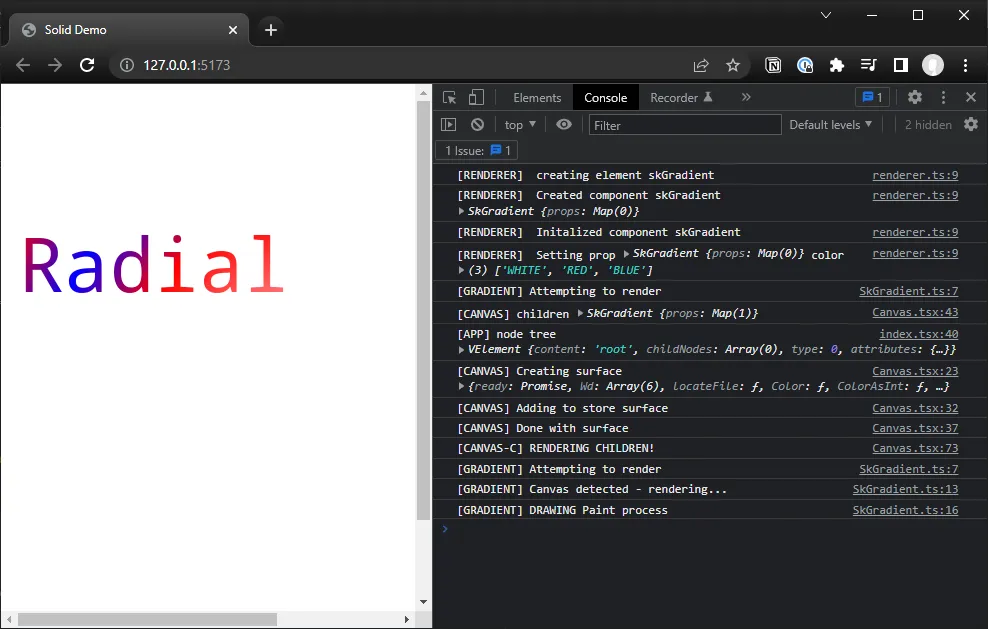 A screenshot of the SolidJS app rendering to gradient text to the canvas using the CanvasKit API