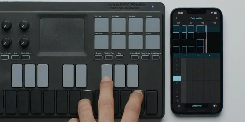 The Ableton Note iOS app next to a nanoKEY Studio device.