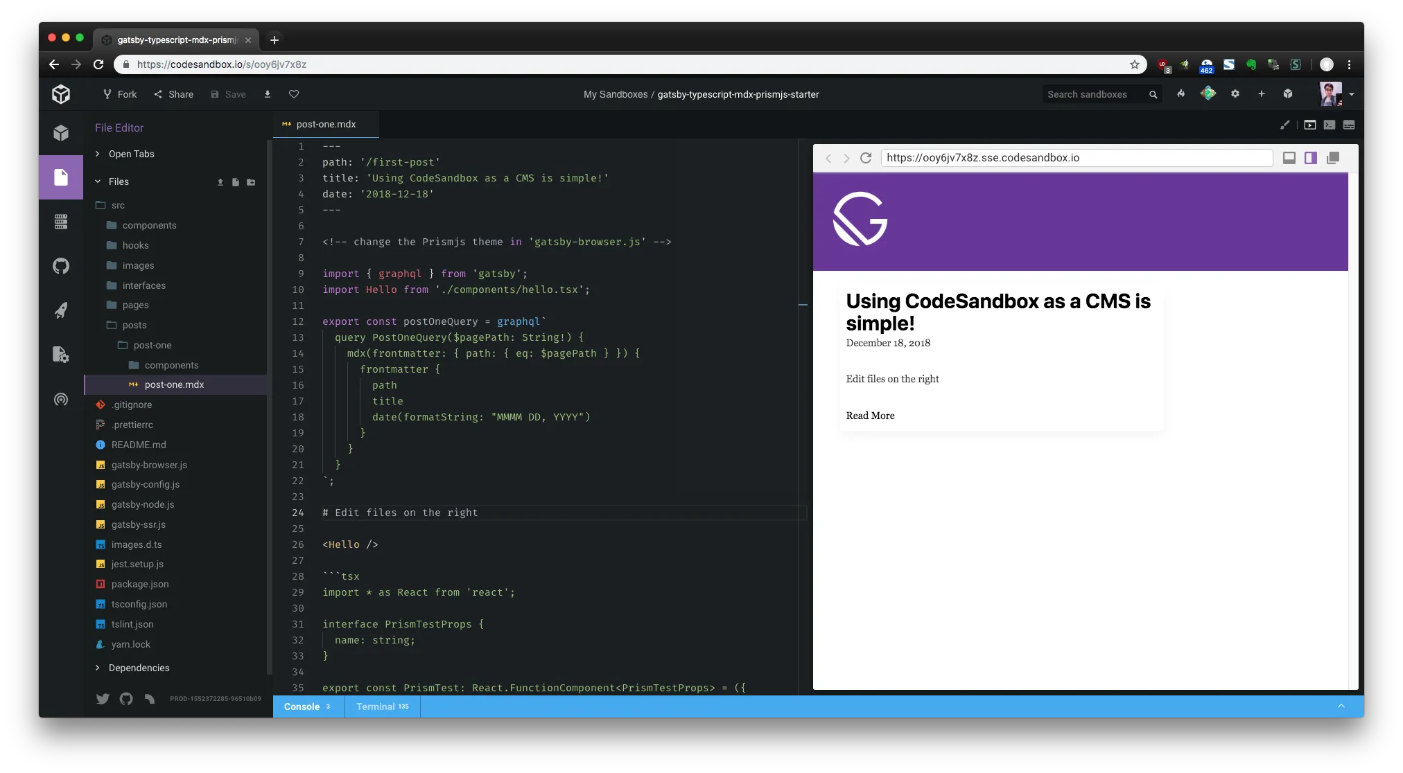 CodeSandbox running as a CMS for Gatsby