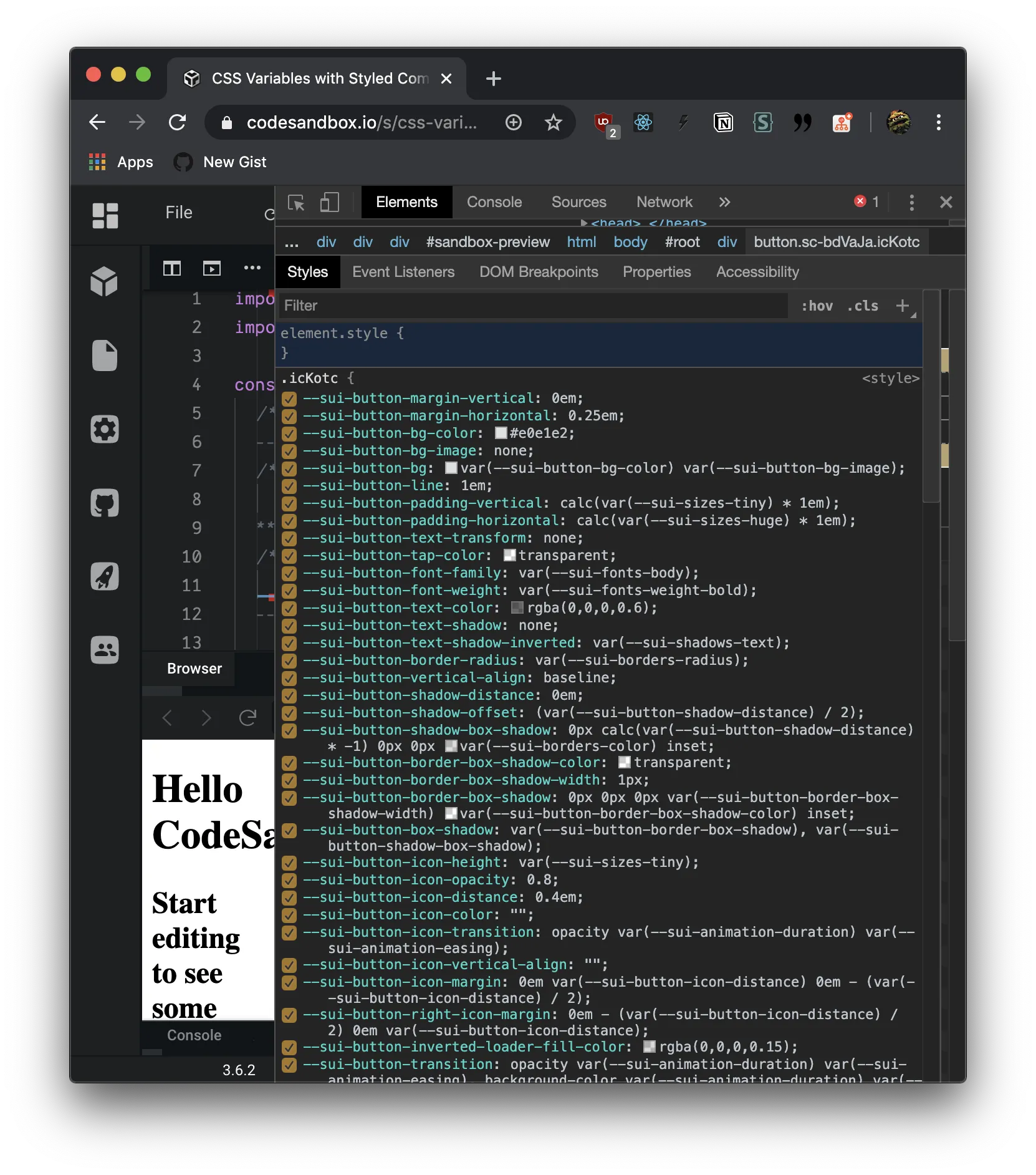 Screenshot of Chrome displaying long list of CSS custom properties
