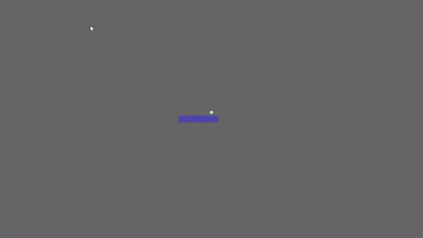 A native Rust application running Bevy is seen rendering a small light green circle representing the enemy and a purple horizontal rectangle in the center of window that represents the player. The player moves left and right underneath the enemy.