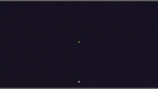 Gif of a Galaga clone made in Rust using Bevy. A small ship moves across the bottom of the screen and shoots projectiles that fire off upwards into space. A green bug enemy floats in the middle of the screen. The background is a space pattern that scrolls downward to simulate flying.