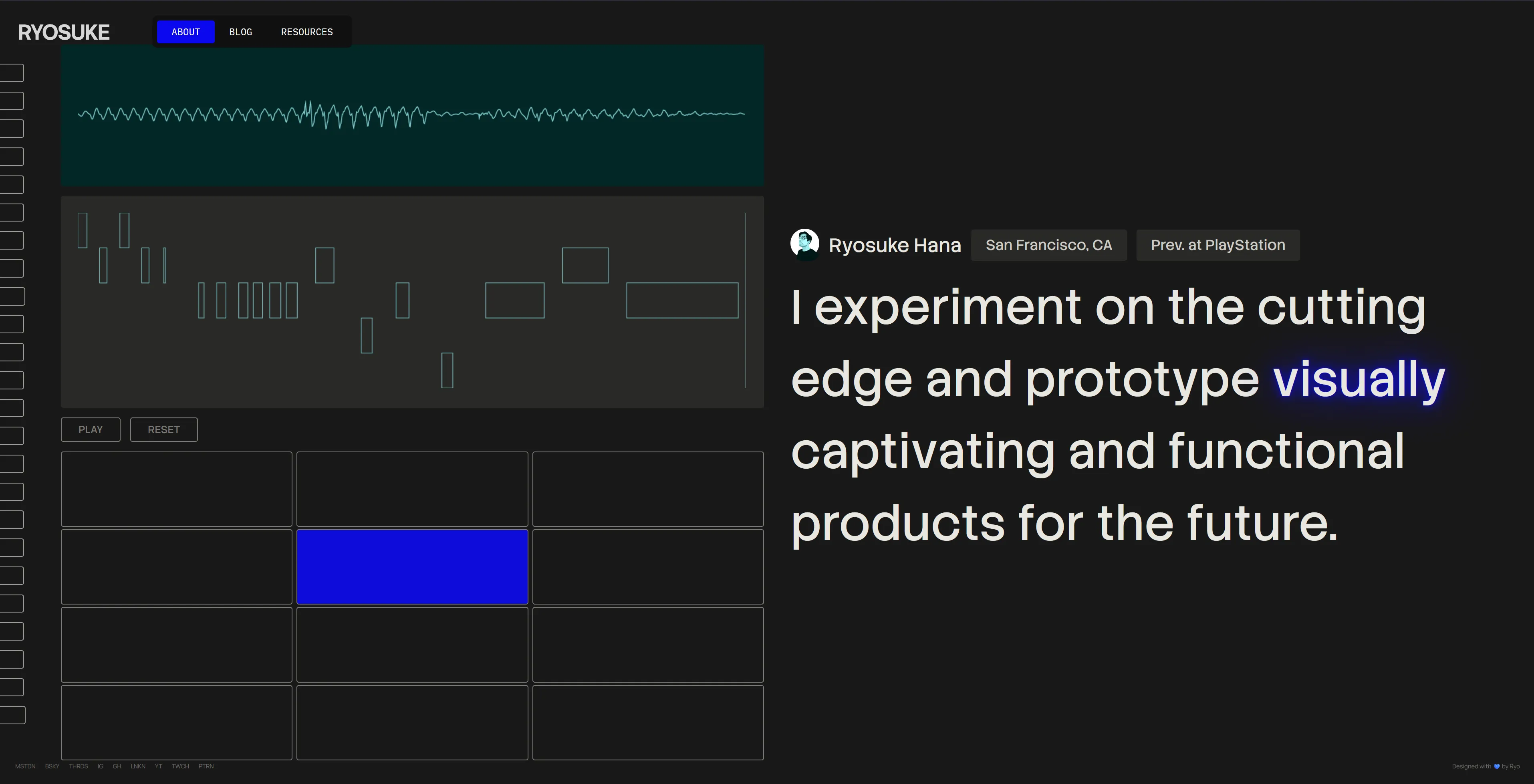 The about page with a drumpad sampler, piano roll, and quote from me.