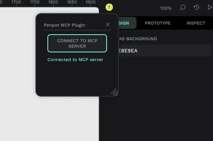 Closeup screenshot of Penpot and the MCP plugin open above sidebar