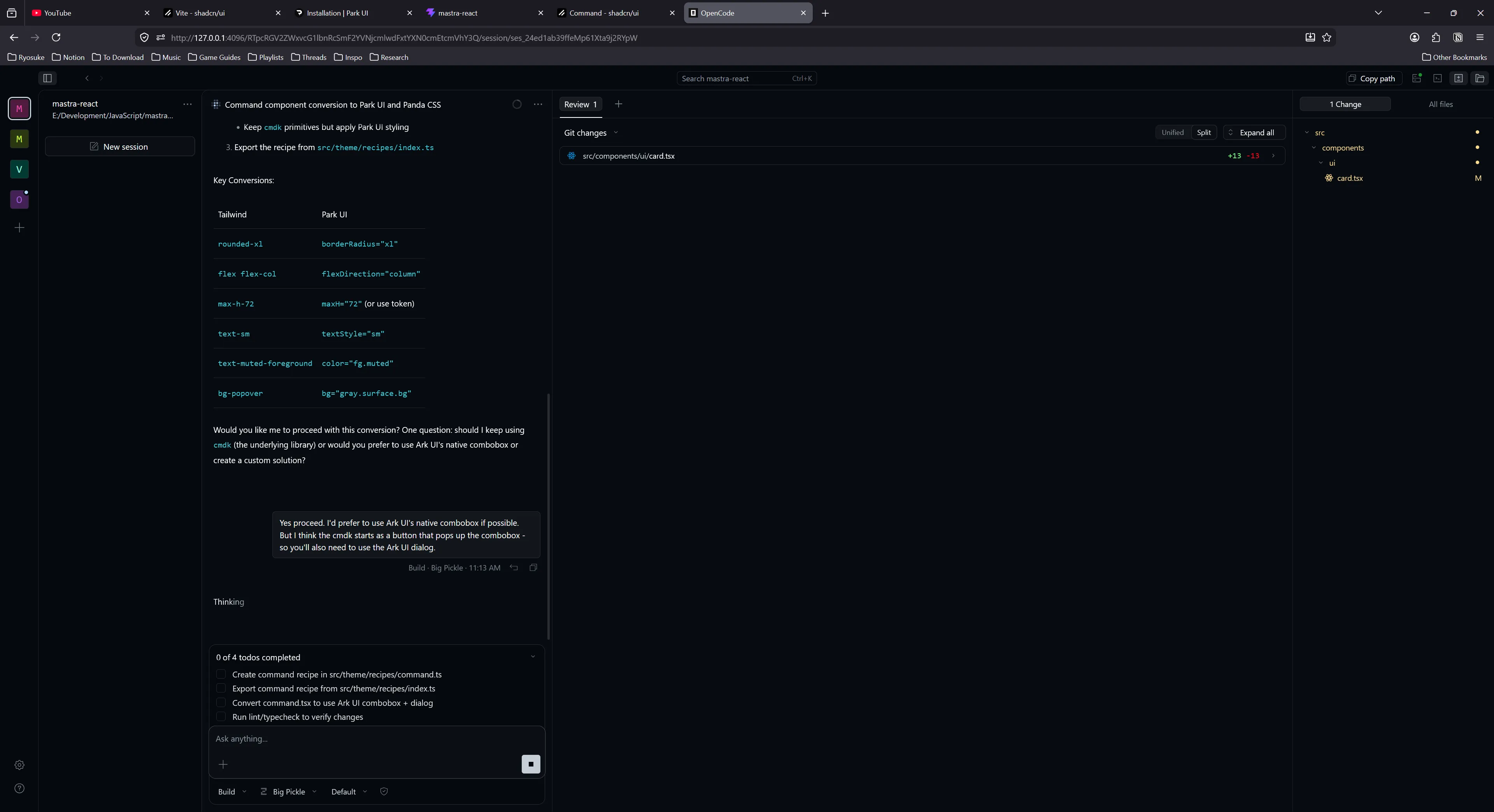 OpenCode with a project open and a chat filled with messages.