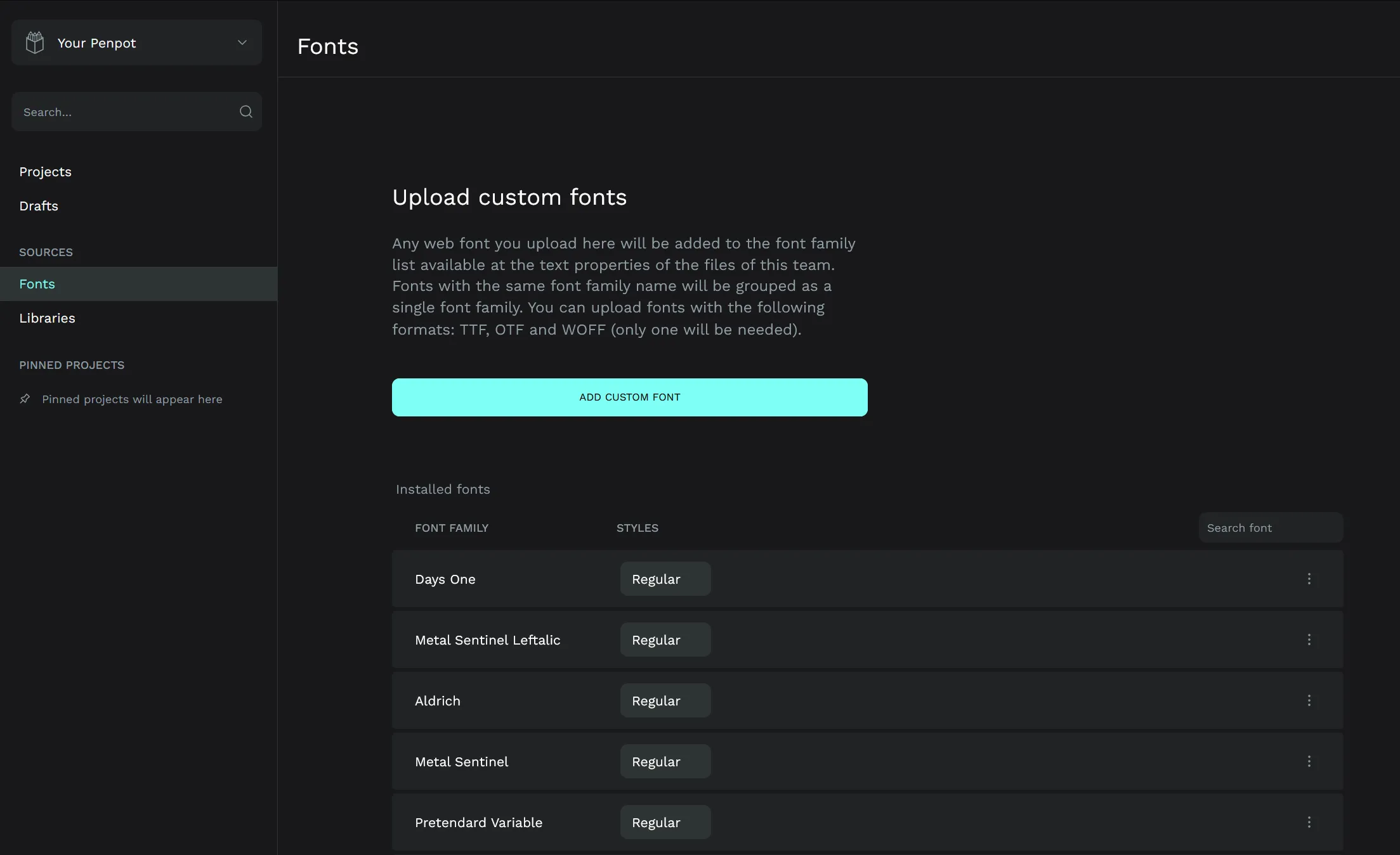 The Penpot custom fonts setting screen