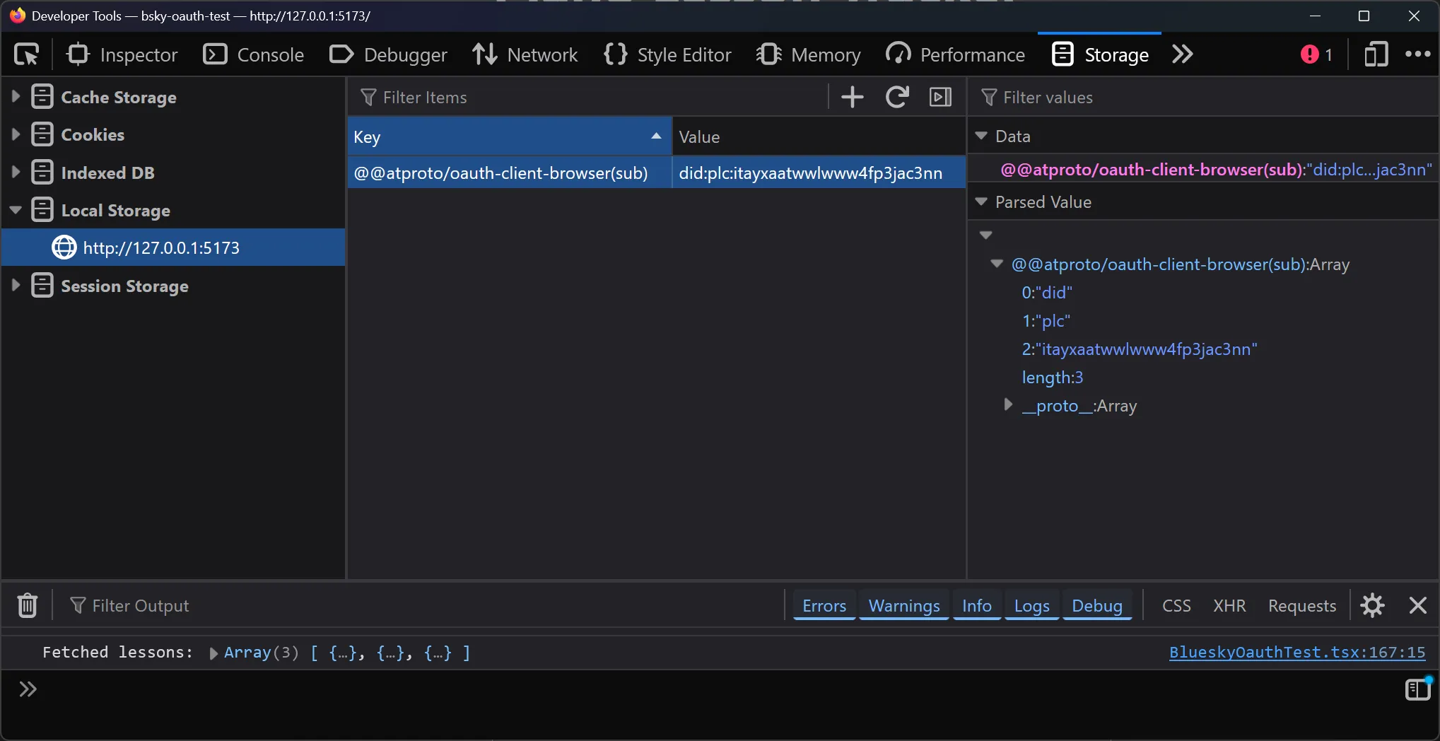 Chrome Devtools with the Storage tab open and the AT Proto session key in local storage