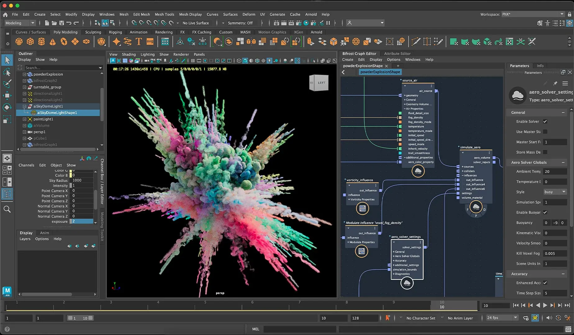The Maya app open with a 3D render of a particle explosion with a Bifrost graph of it to the right.