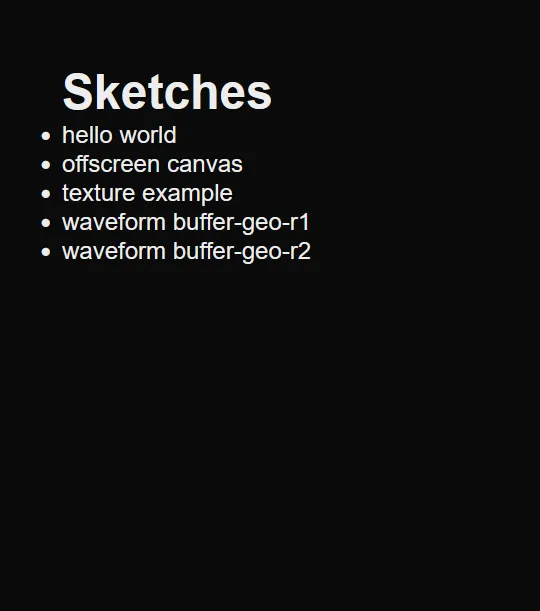 A black web page with a simple list of links to prototypes