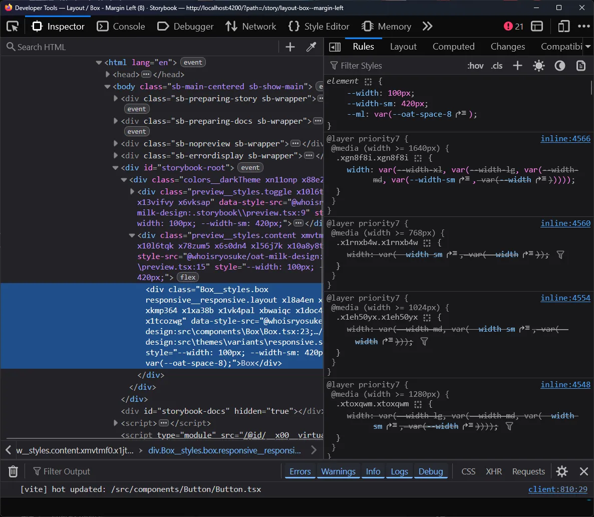 The CSS vars visible up top and the width applied