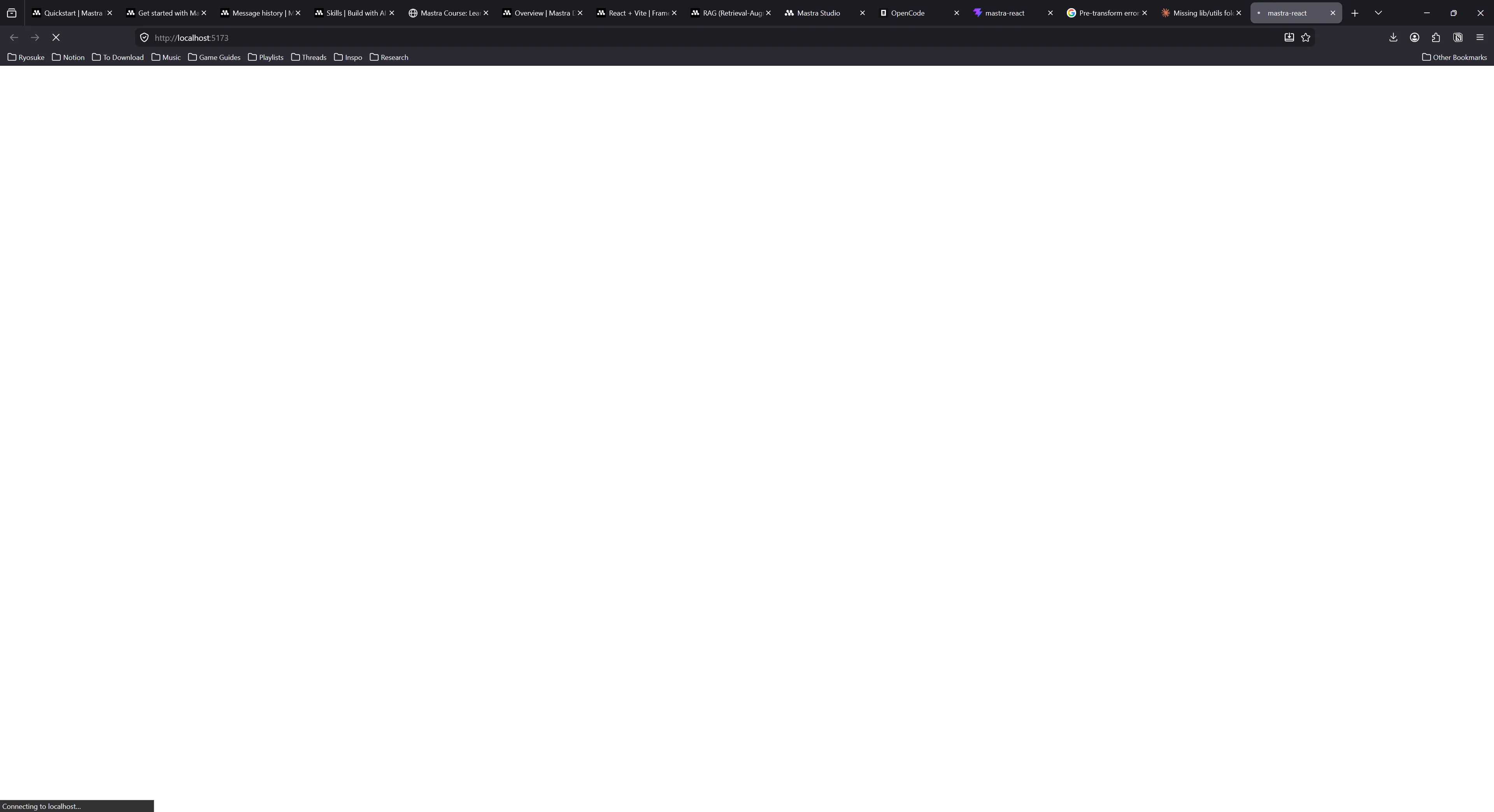 Chrome displaying a blank page for a local web app. Barely visible is a chat box, obscured by bad CSS styling