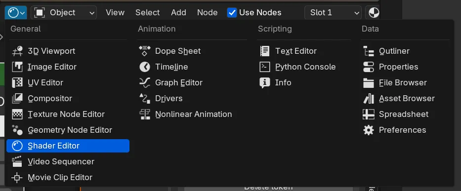 A window in Blender with the window selection dropdown open and the Shader Editor highlighted.