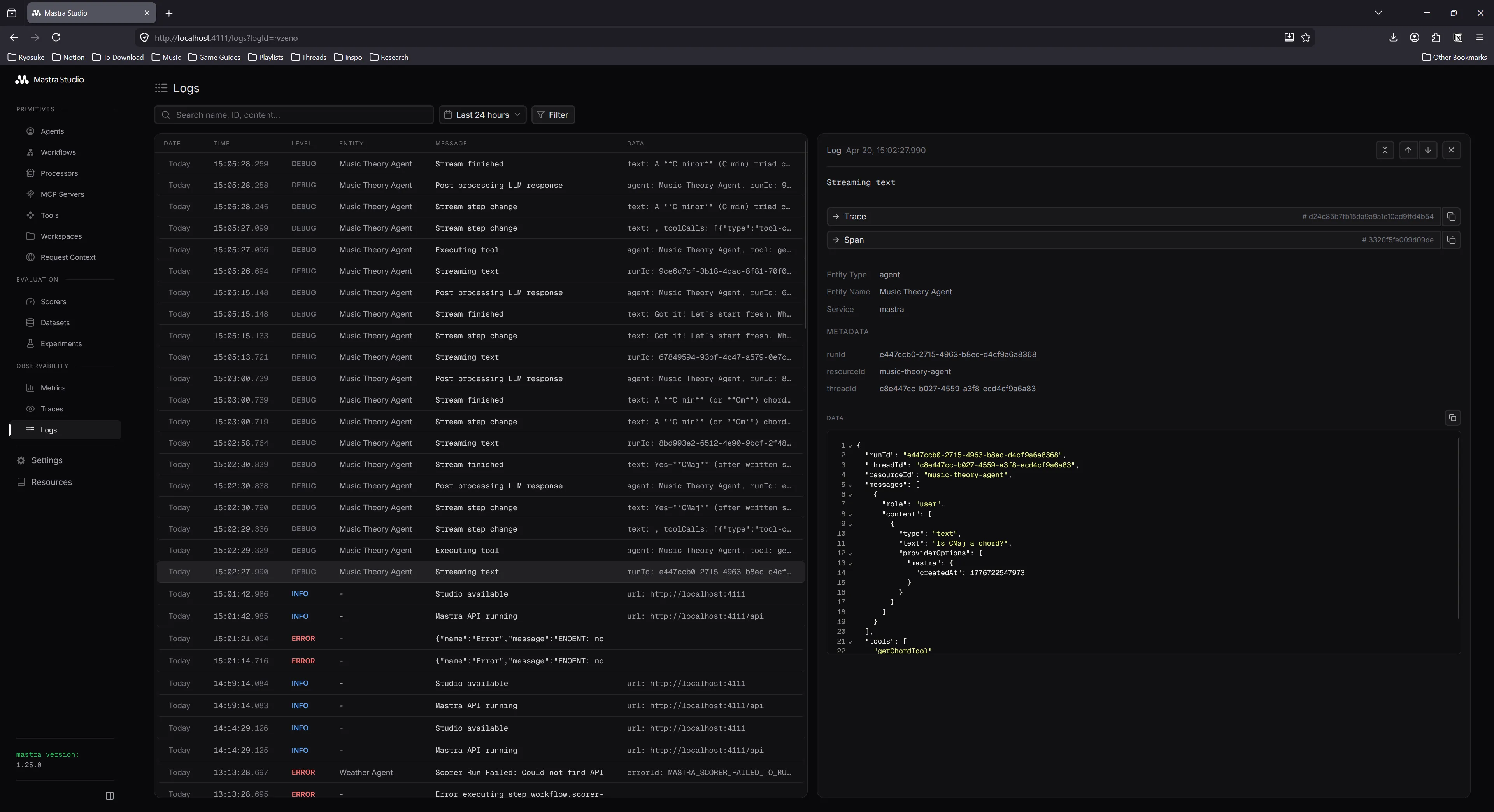 The Logs tab with a log selected. A sidebar is open with a code snippet of the JSON response of the request.