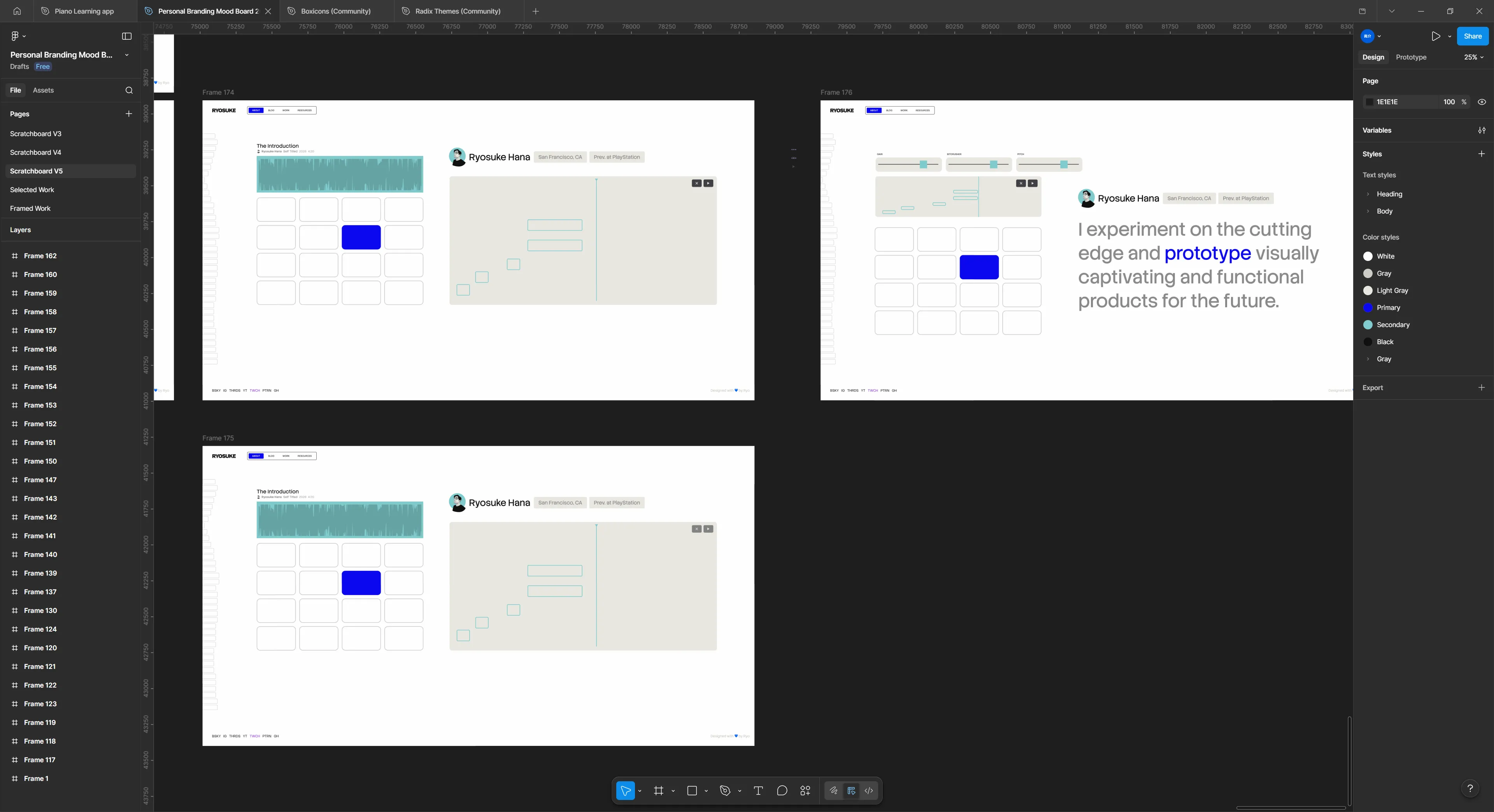 Early mockups of the about page drumpad sampler UI. 2 column layout, left is a waveform with drumpad, right side is a piano roll with notes played — and one variation has the quote on right.