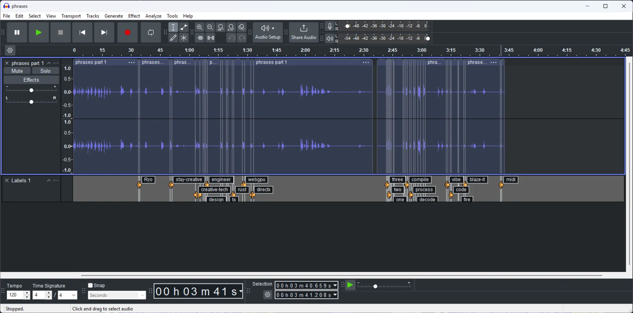 Audacity app with a sound clip chopped up into small bits with each labeled with the corresponding word