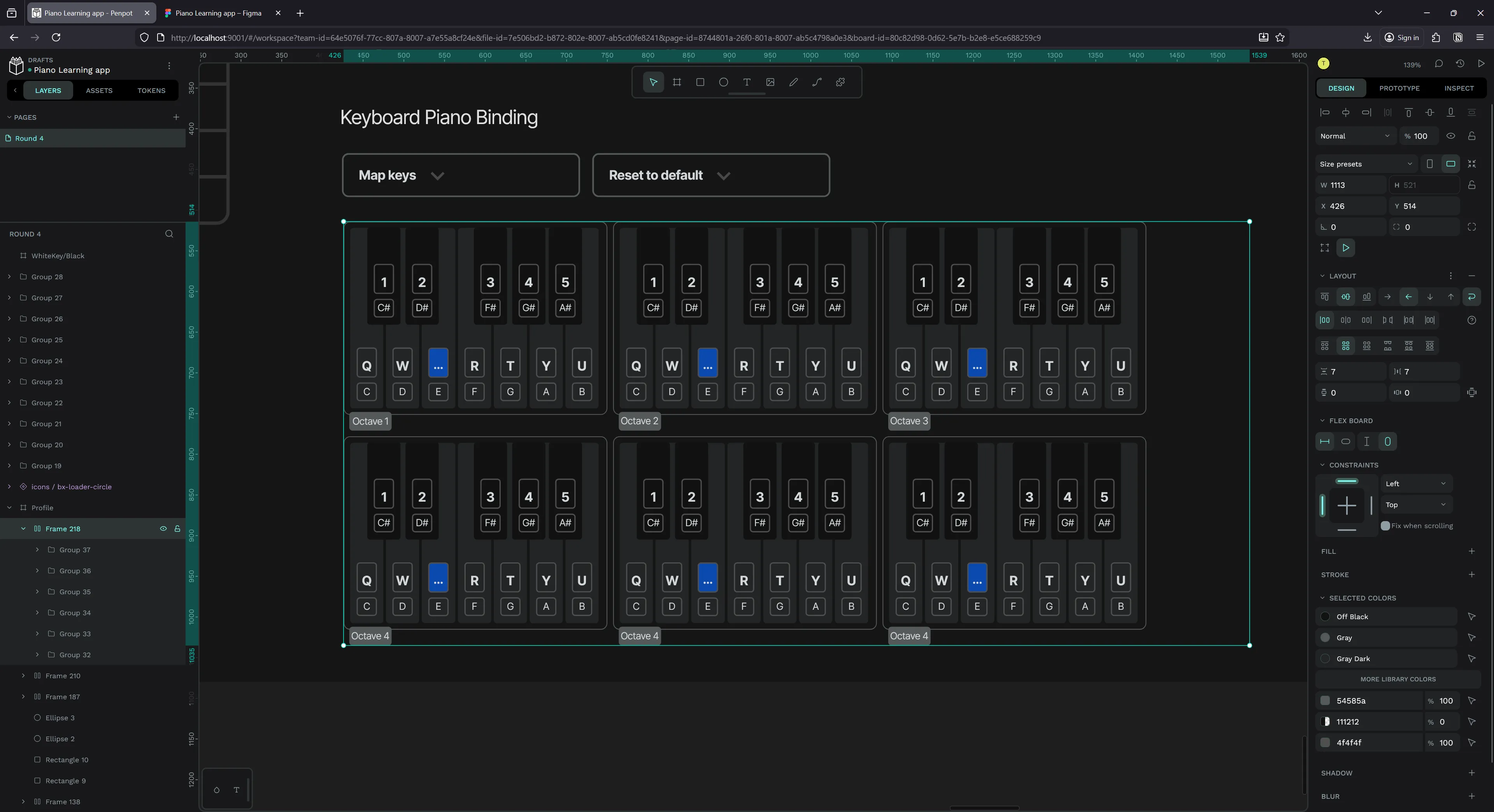Closeup of a MIDI key mapping component in Penpot made of multiple nested auto layout frames