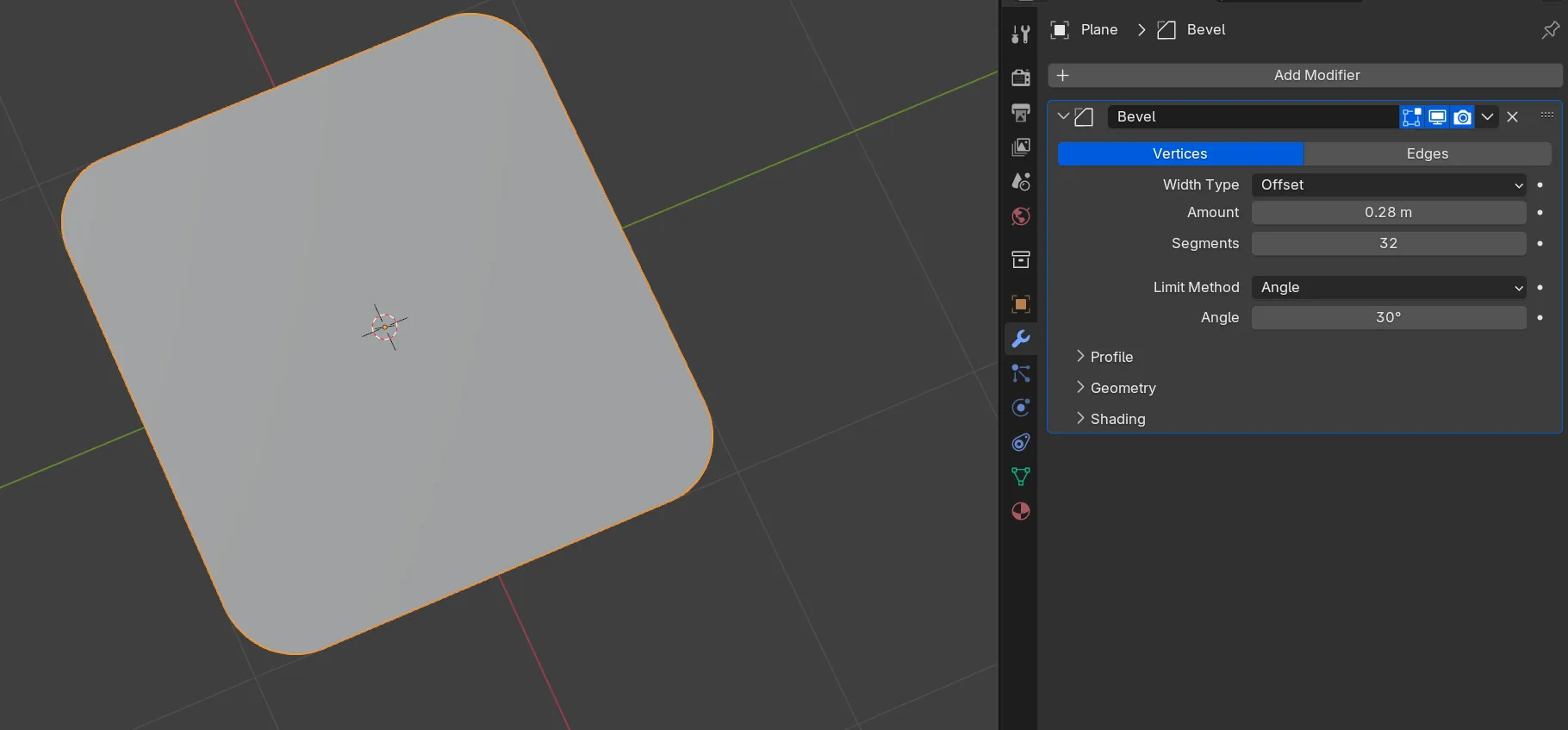 A Plane object turned into a rounded rectangle with a Bevel modifier visible in the sidebar on right