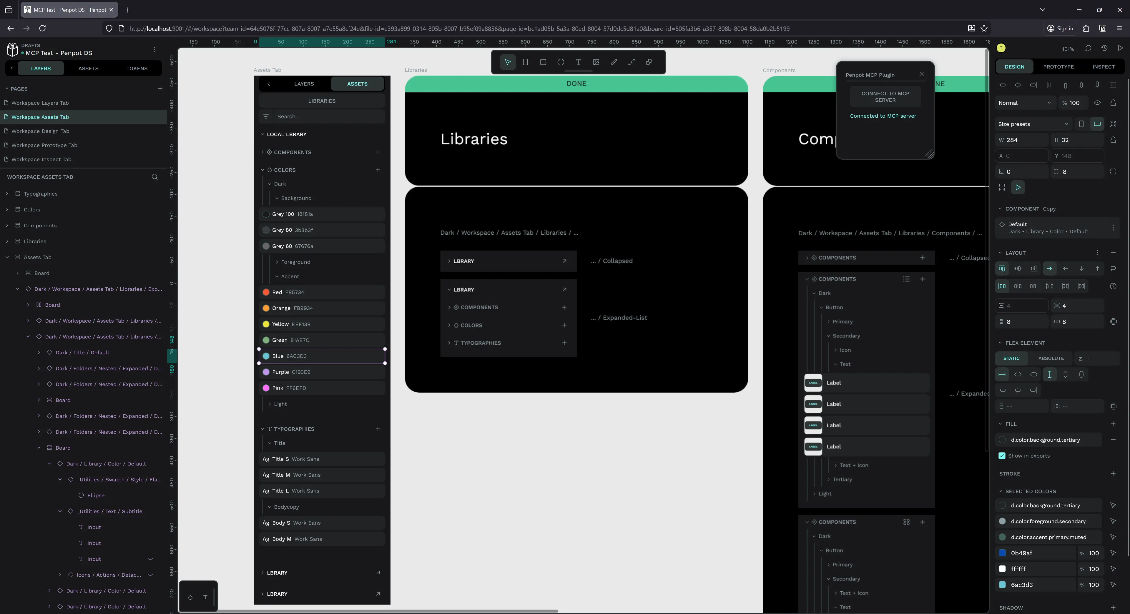 Penpot with the Penpot Design System file open on the Assets Tab page
