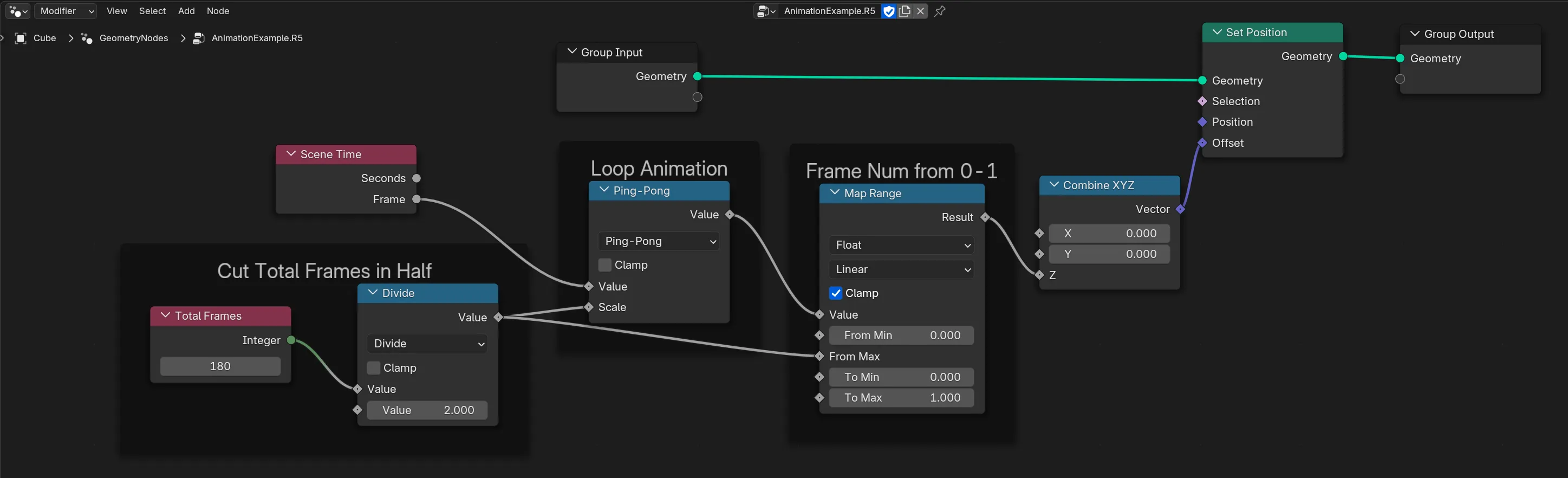 Node graph for looping an animation using the Scene Time and a Math Ping Pong node.