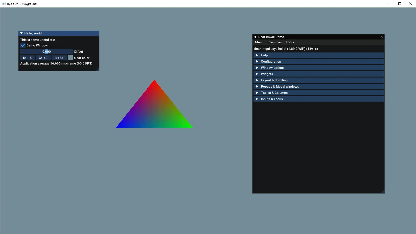 An example of imgui running in a DirectX application. 2 floating windows are open with various UI elements like sliders and checkboxes.