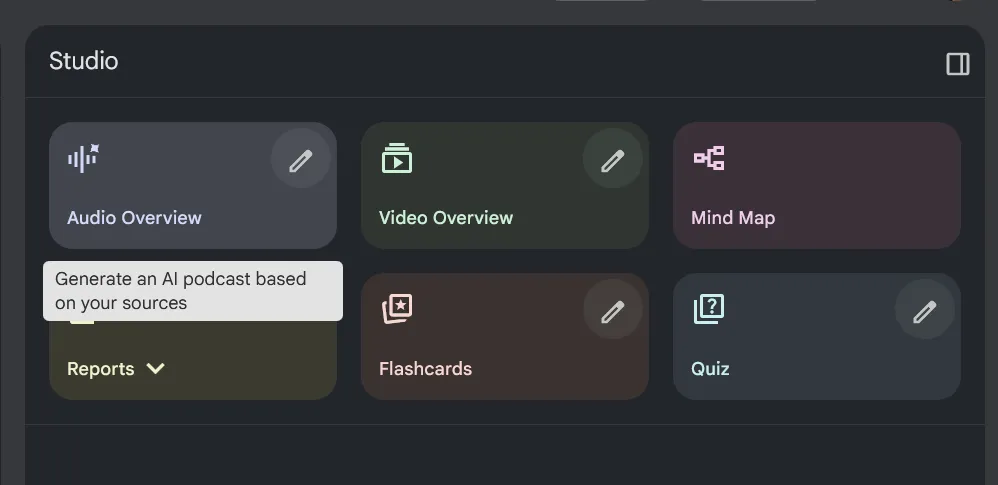 The studio sidebar with several buttons, like a “Video Overview” that generates a video summary of all the documents.
