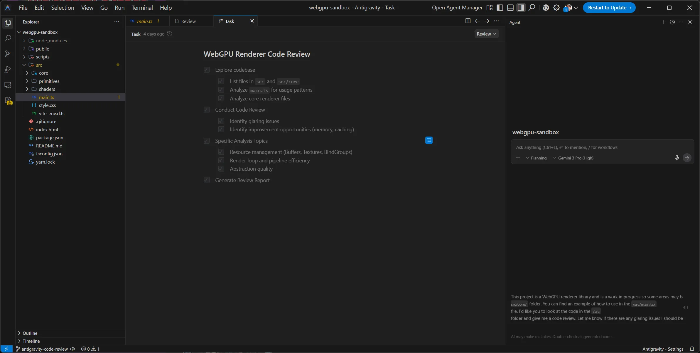 A Markdown based "plan" for the WebGPU code review in Antigravity